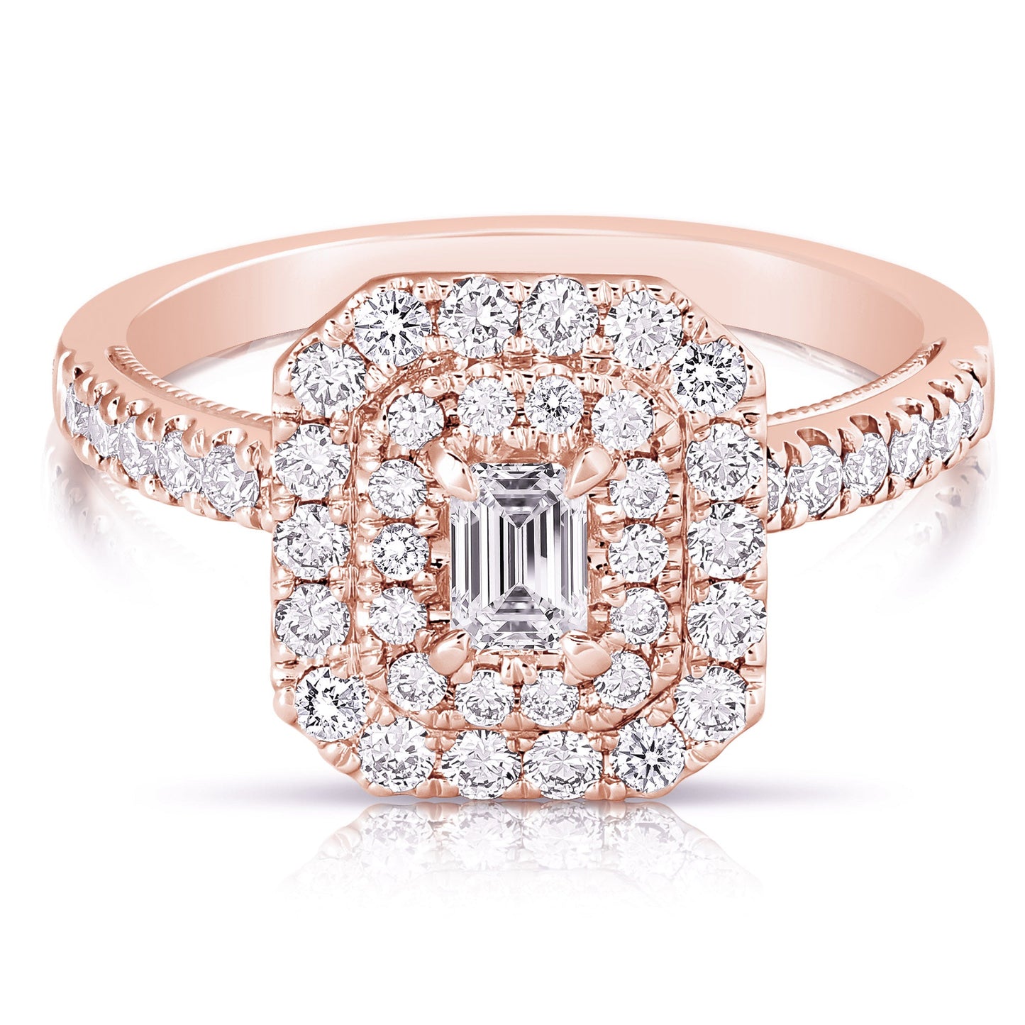 1 Ct Total Weight Double Halo Emerald Cut Engagement Ring